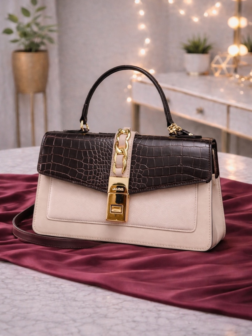 Aldo Croc-Embossed Black and Cream Shoulder Bag NWT